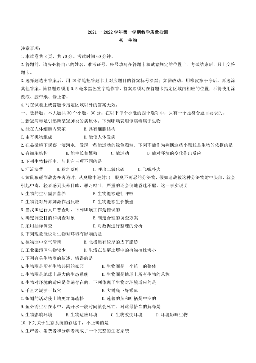 山东省威海市文登区2021-2022学年六年级上学期期末生物试题（word版 含答案）