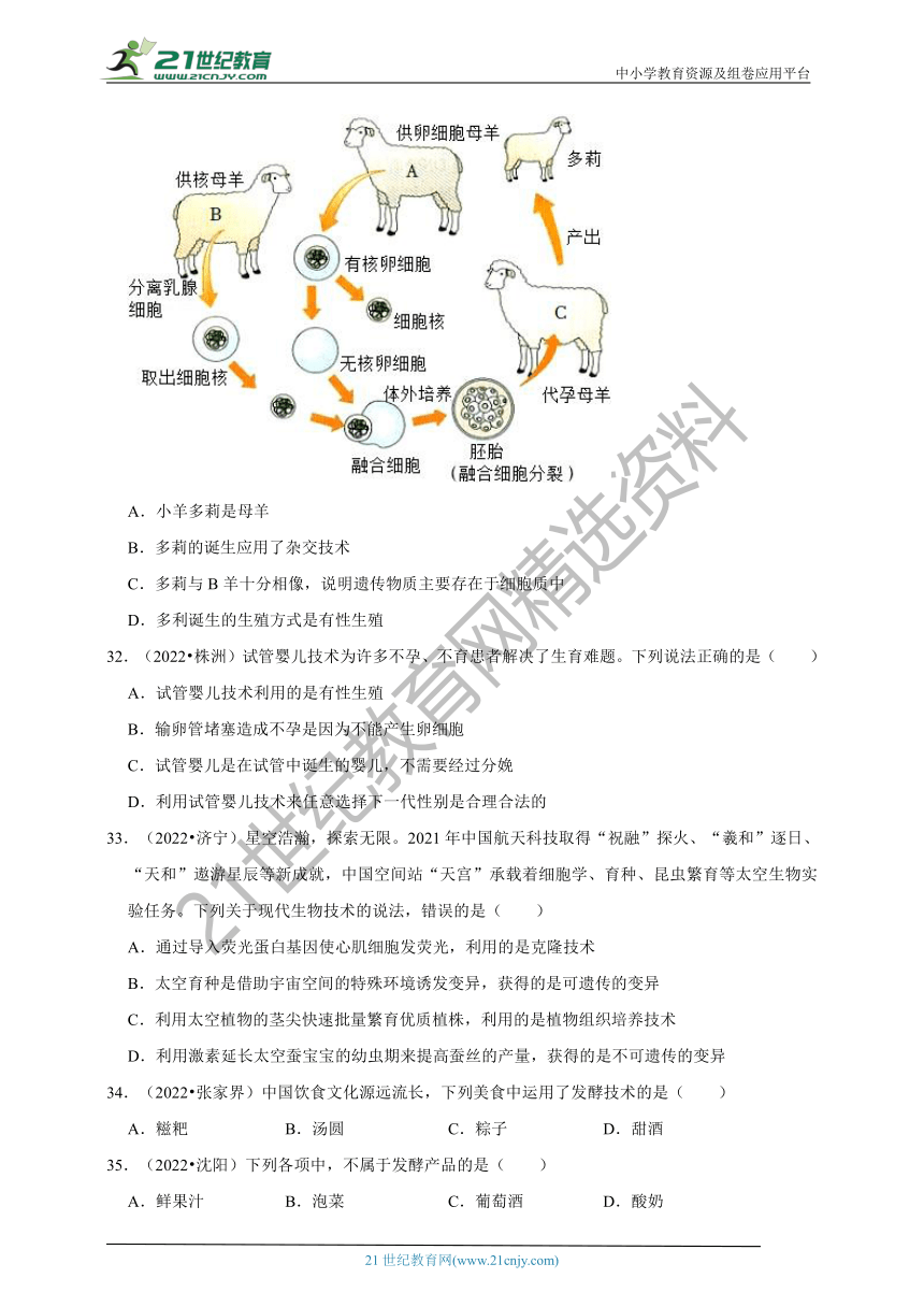 【备考2023】2022年中考生物真题分类汇编16——生物技术部分（含解析）