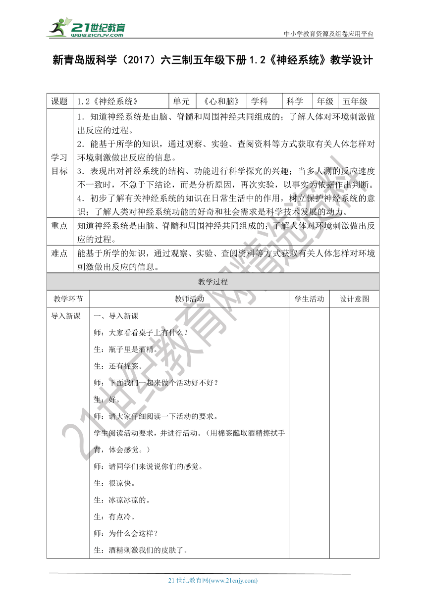 新青岛版科学（2017）六三制五年级下册1.2《神经系统》教学设计