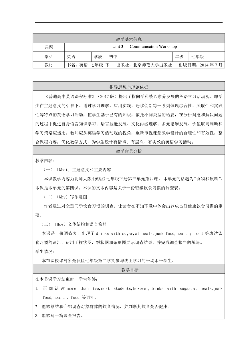 Unit 3 Food and Drink Communication Workshop 教学设计（表格式）