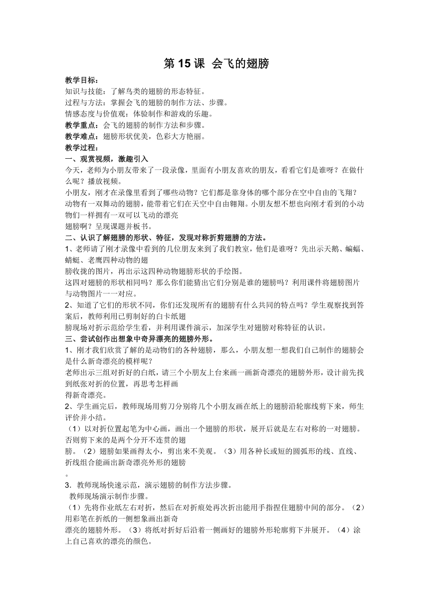 湘美版一年级美术下册 15. 会飞的翅膀 教案