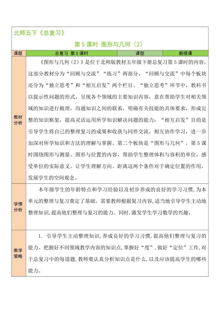 总复习第5课时 图形与几何（2）北师大版数学小学五年级下册表格式教案