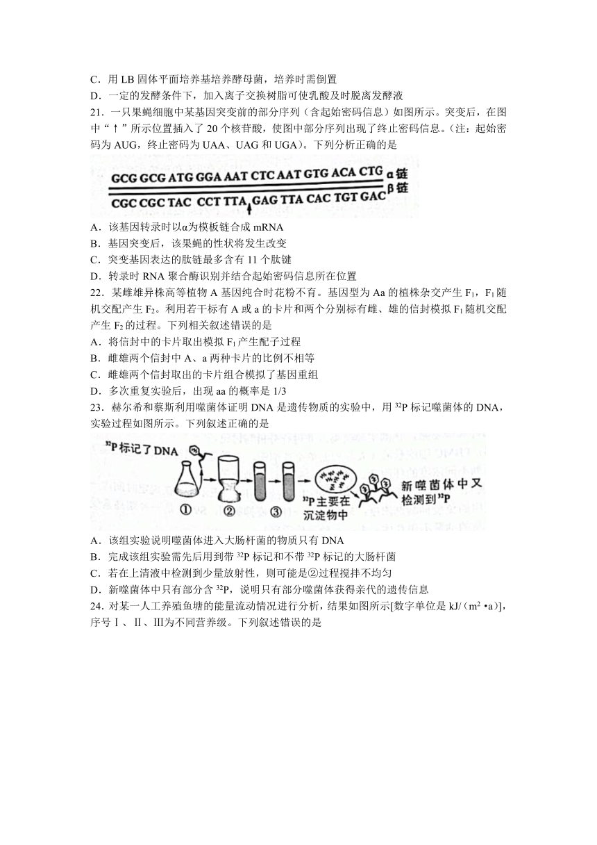 浙江省Z20名校联盟（名校新高考研究联盟）2023届高三上学期8月第一次联考生物学试题（Word版含答案）