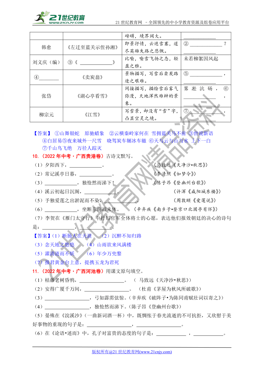 2022年全国各地中考语文试题古诗词填空题目汇编(答案版)