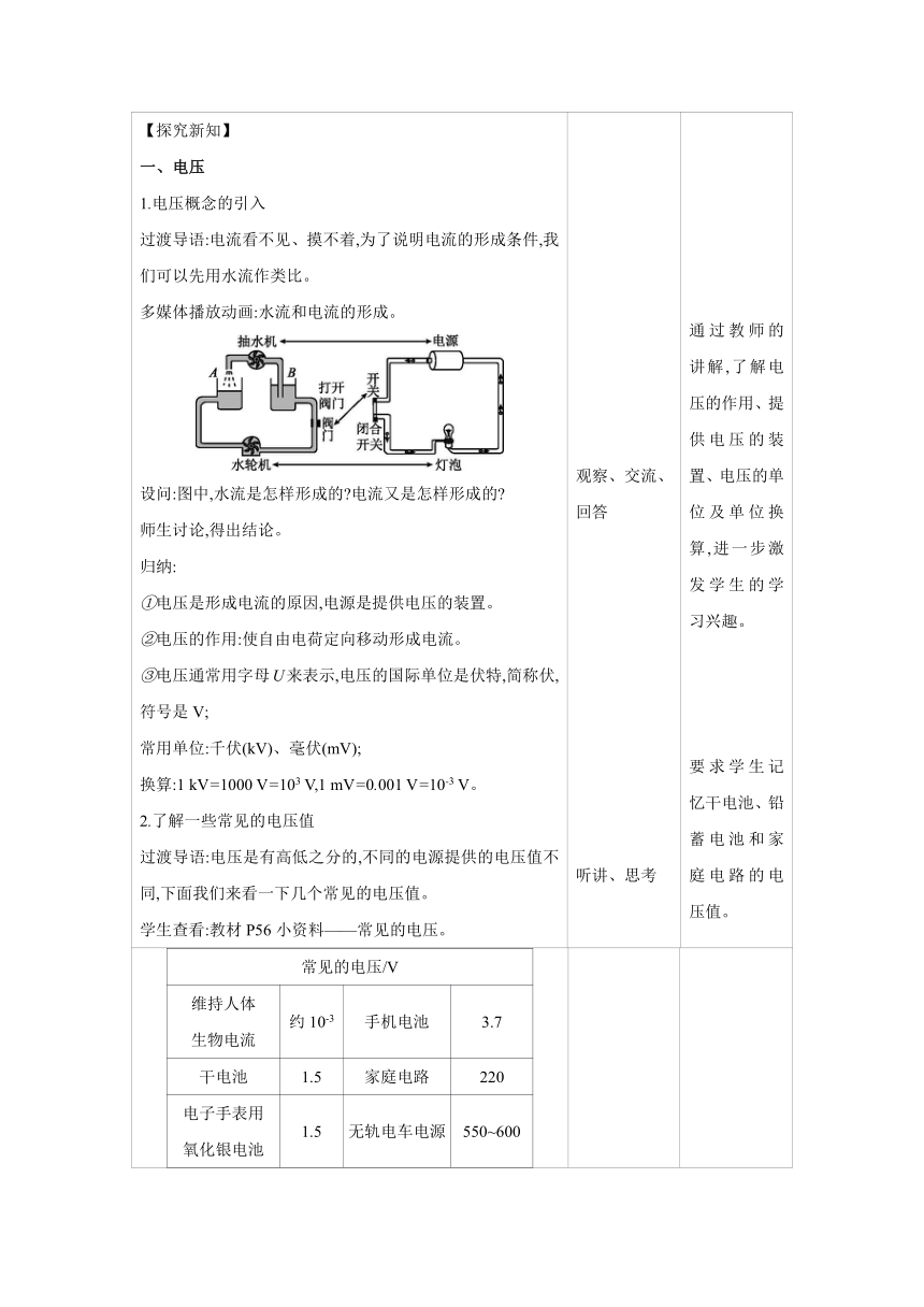 2023-2024学年人教版物理九年级上册同步教案：16.1 电压（表格式）