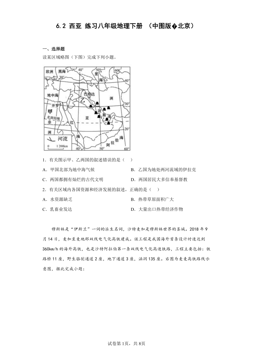 6.2 西亚 练习（含答案）八年级地理下册 中图版·北京