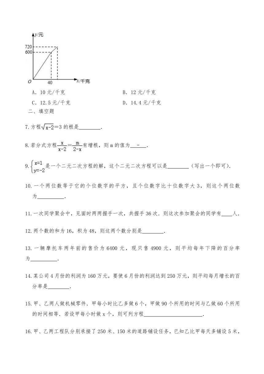 八年级数学下册试题第二十一章  代数方程（基础练习）-沪教版（含解析）