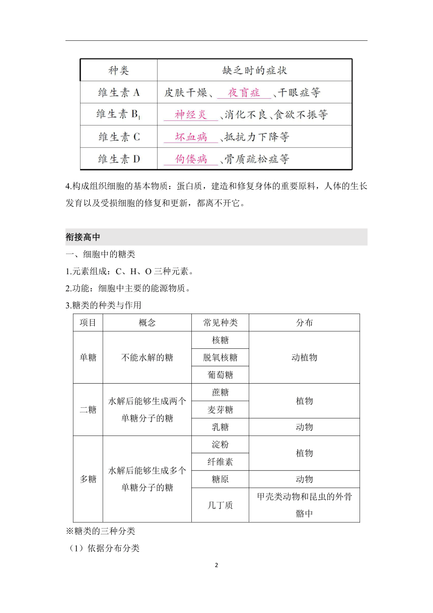 第2章 组成细胞的分子（1）细胞中的糖类、脂质和蛋白质学案（含解析）—2023-2024学年初升高生物学人教版（2019）精准链接