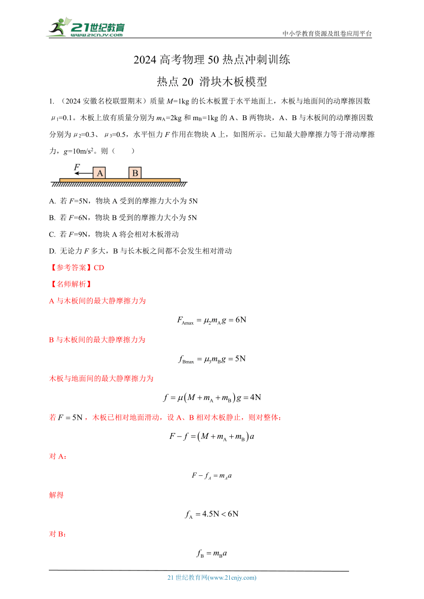 热点20  滑块木板模型 --高考物理50热点冲刺精练（名师解析）