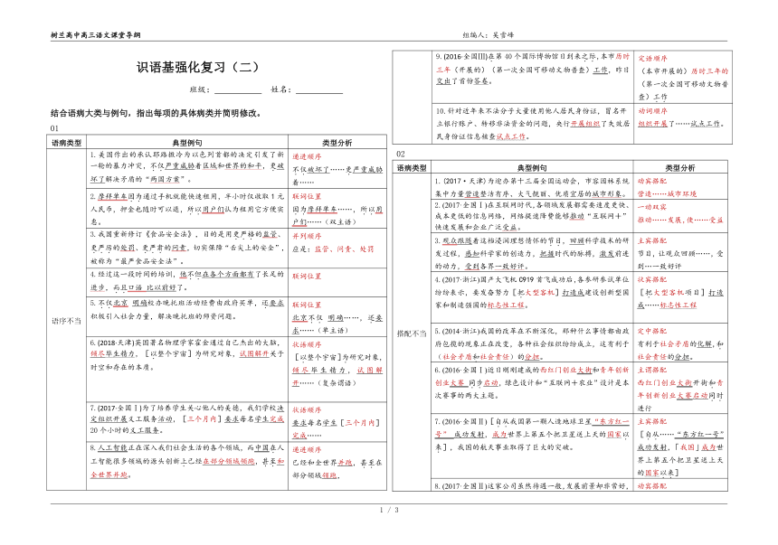 强化2       语病A —2022届高三语文一轮复习学案（含答案）