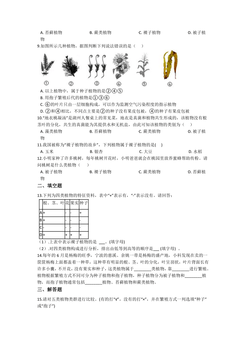 2.5常见的植物 同步练习（含解析）