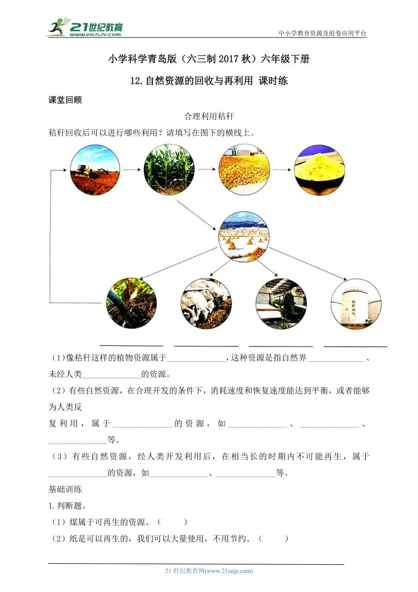 小学科学青岛版(六三制2017秋)六年级下册3.12 自然资源的回收与再利用 课时练（含答案）