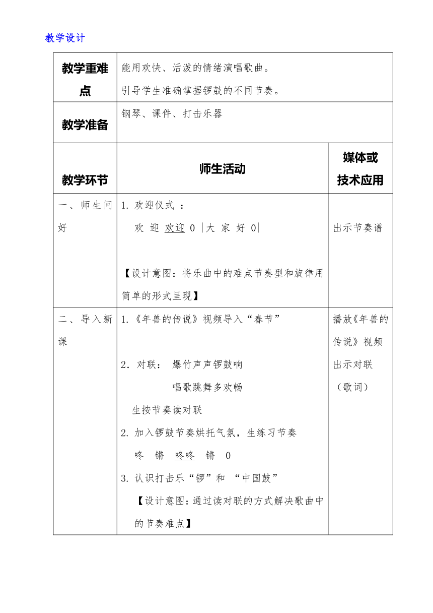 人音版 (北京） 二年级上册音乐  第八单元 过新年 教案（表格式）