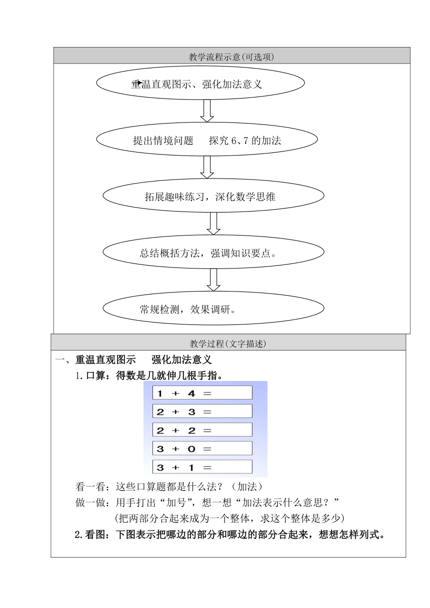 北京版 数学一年级上册 5.3 6和7的加、减法 教案 （表格式）