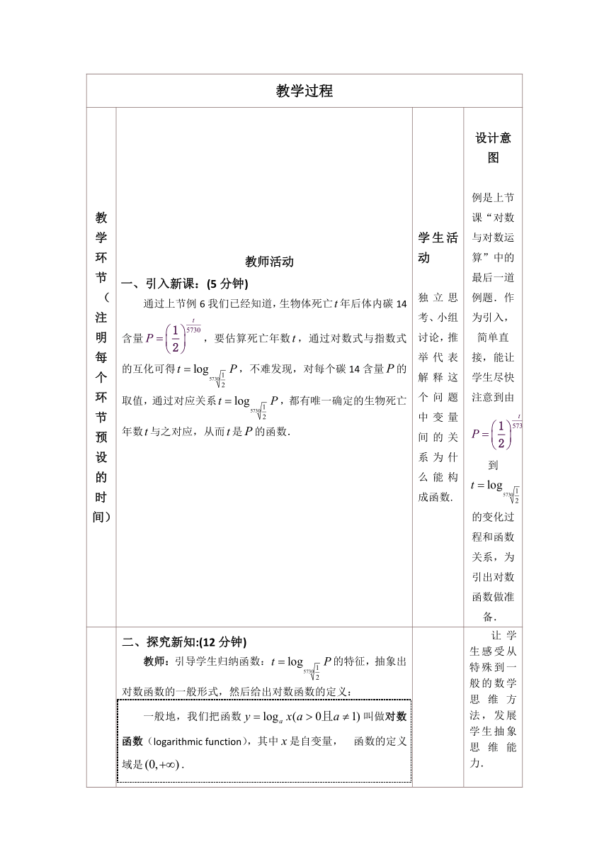 人教B版（2019）必修第二册2.2.2对数函数及其性质 教学设计（表格式）