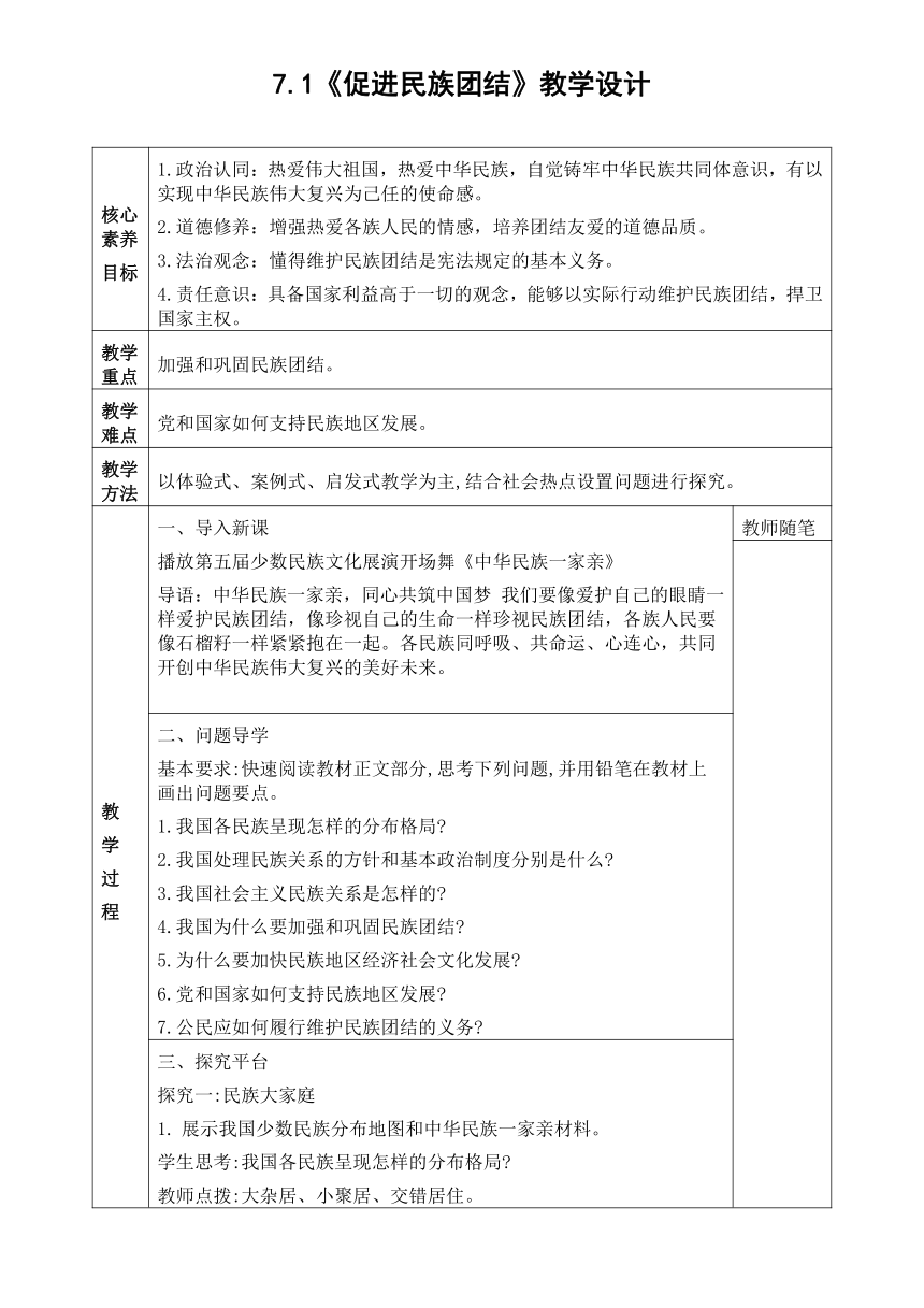 7.1   促进民族团结   教学设计（表格式）