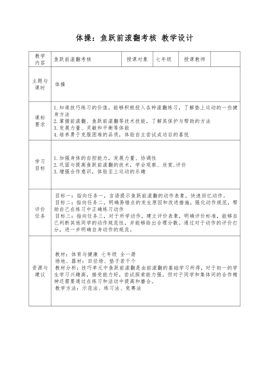 第七章 体操：鱼跃前滚翻考核 教学设计（表格式）