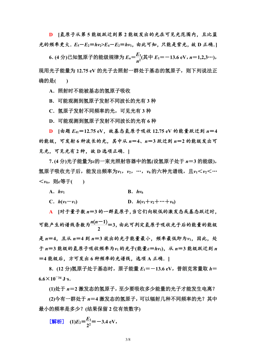 鲁科版（2019）高中物理 选择性必修第三册 章末综合测评4　原子结构word版含答案