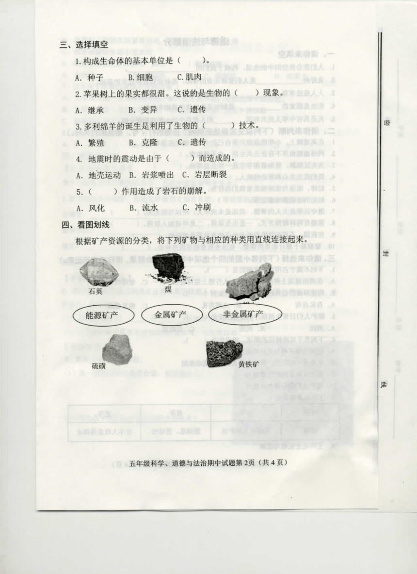 山东省淄博市高青县五年级综合下册期中考试试题（图片版  无答案）