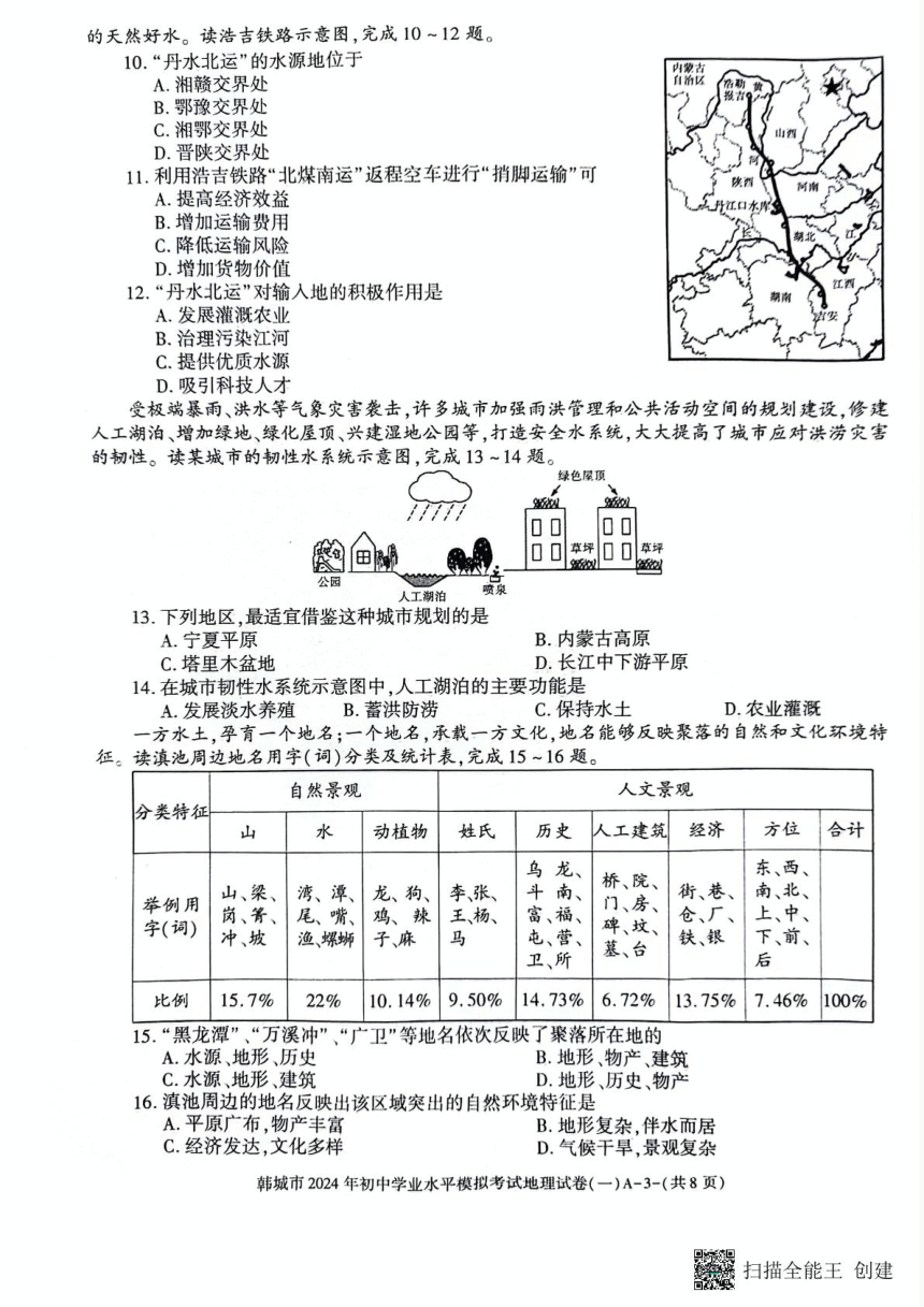 2024年陕西省渭南市韩城市初中学业水平模拟考试地理试题（PDF版无答案）