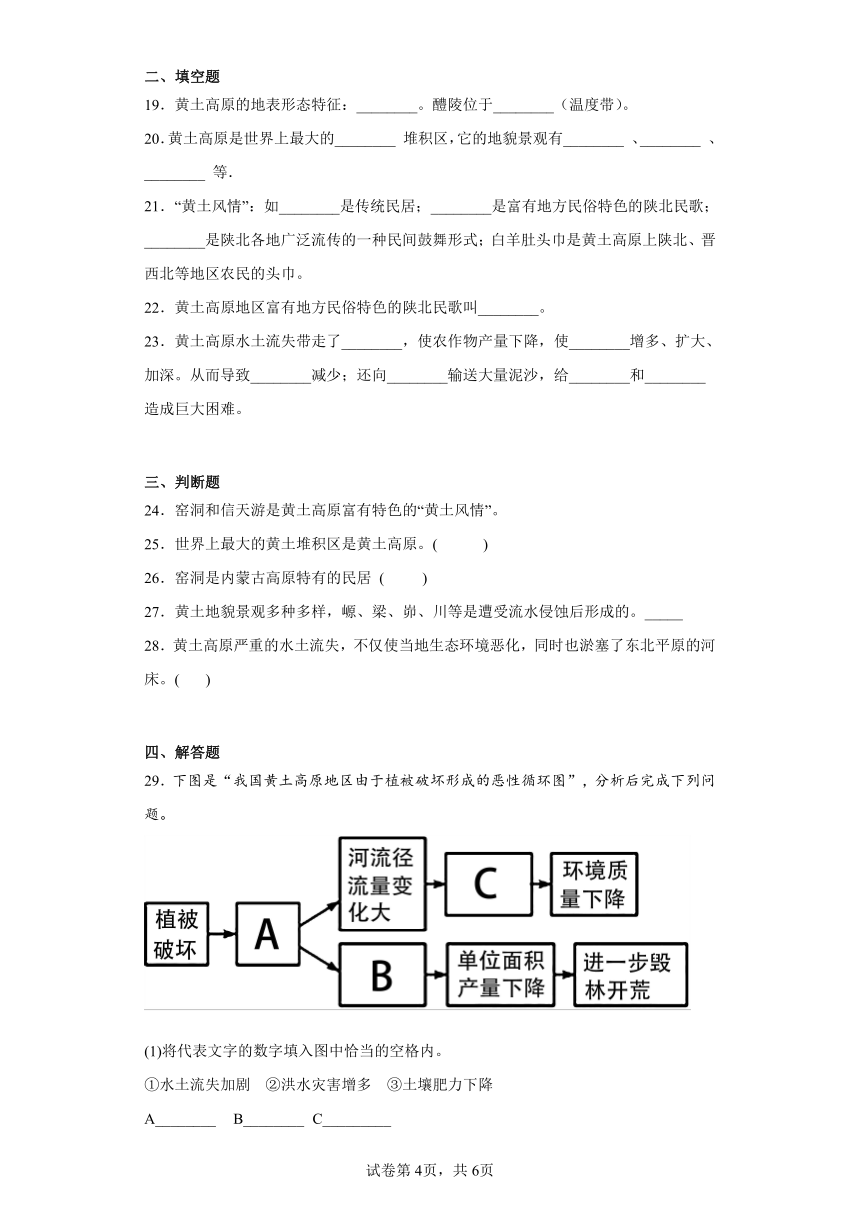 6.3世界最大的黄土堆积区——黄土高原 练习（含答案）人教版地理八年级下册