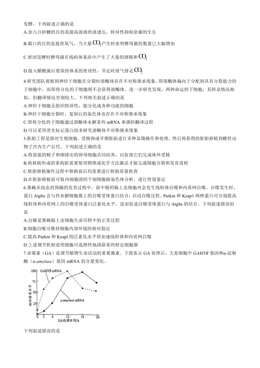 2024届福建省部分地市高中毕业班高三下学期4月诊断性质量检测生物试题（含答案）