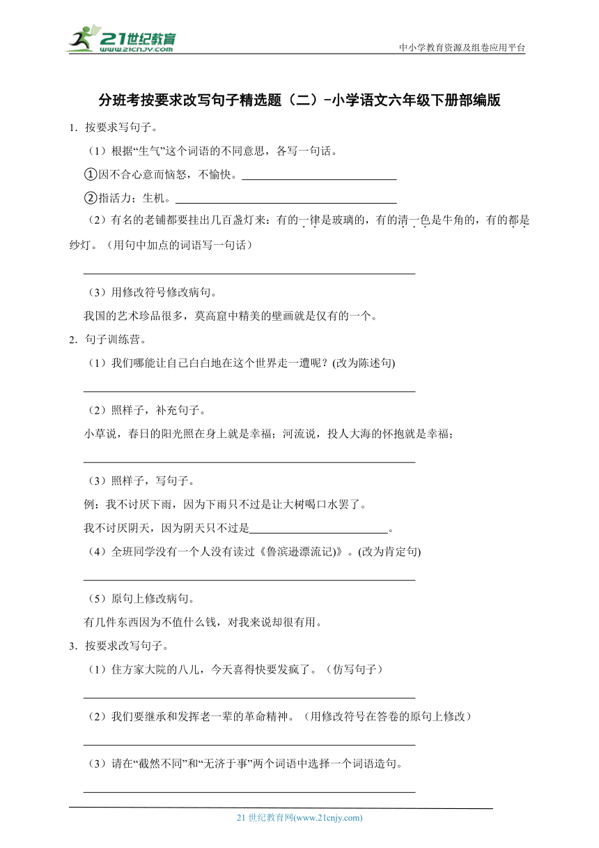 -部编版小学语文六年级下册分班考按要求改写句子精选题（二）（含答案）