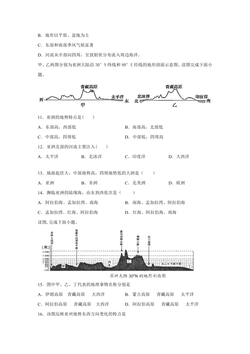 人教版七下第六章《我们生活的大洲——亚洲》单元综合训练（一）及答案