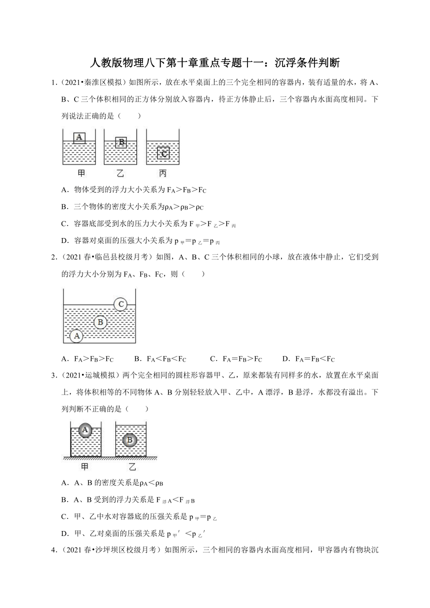 专题十一：沉浮条件判断  检测—2020-2021学年人教版八年级物理下册重点专题复习（含答案）