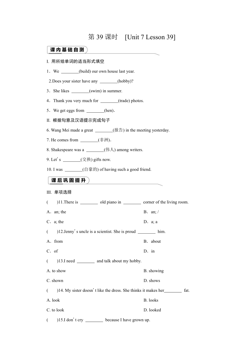 冀教版英语八年级上册课课练 Unit 7 Lesson 39 Danny's Hobby.（含答案）