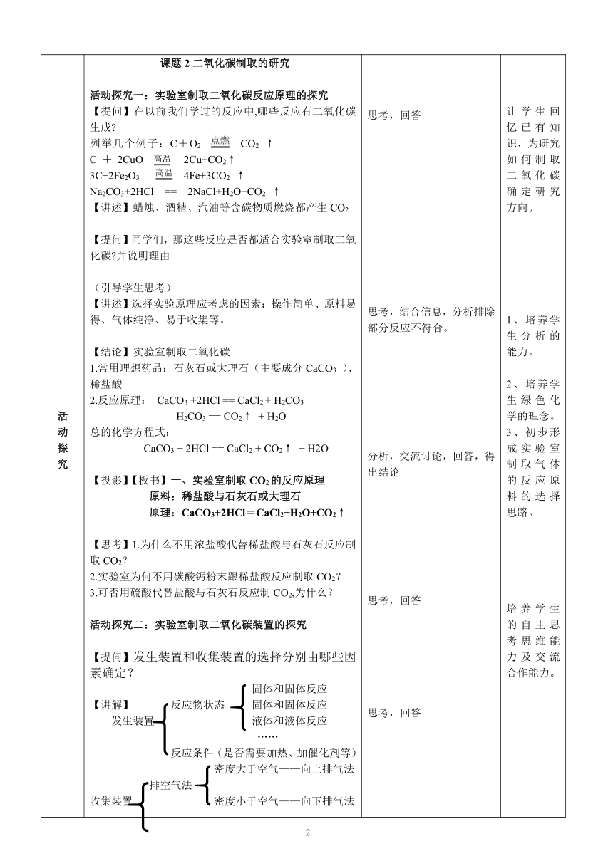 人教版（五四学制）化学八年级全册 第六单元  课题2   二氧化碳制取的研究  教案 (表格式)