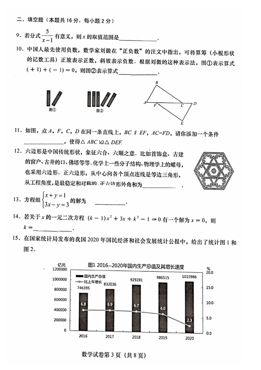 2021年北京市燕山地区中考一模数学试卷（图片版无答案）
