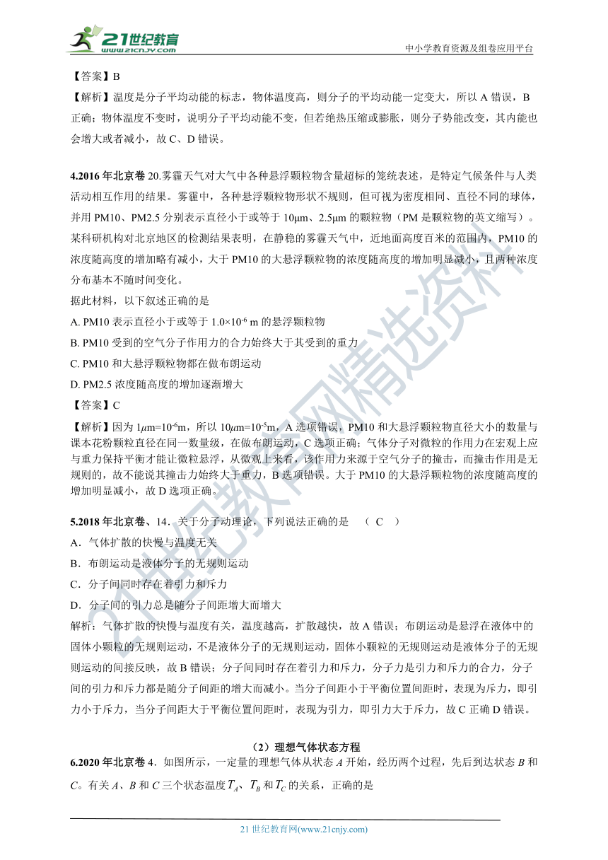 北京市2011-2020年高考物理专项分类汇编之11—热学（解析卷）