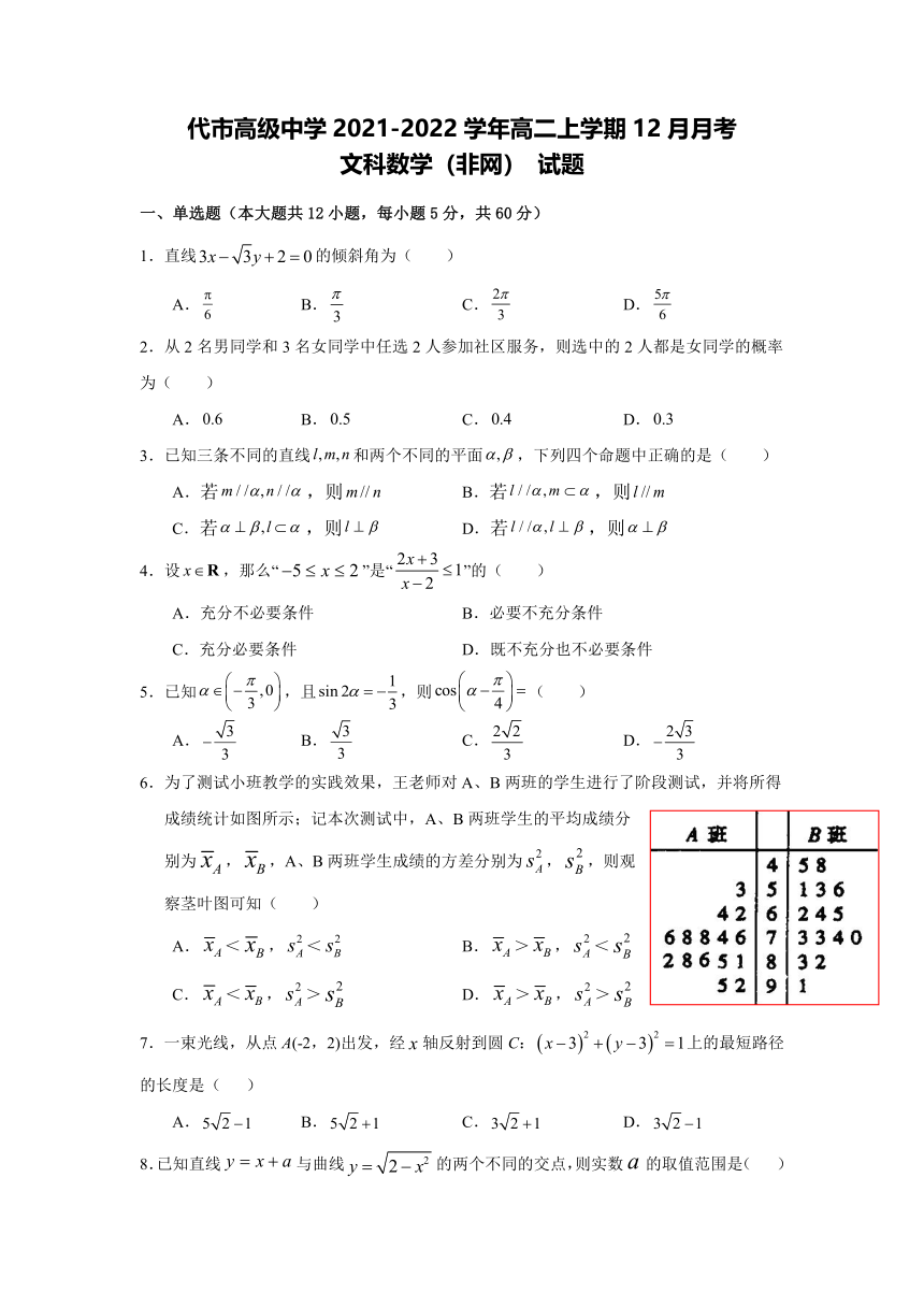 四川省广安市代市高级中学2021-2022学年高二上学期12月月考（非网）数学（文）试题（Word版含答案）