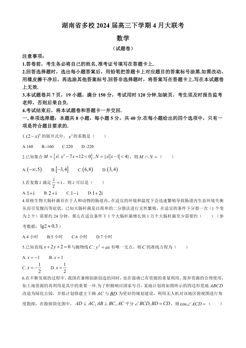 湖南省多校2024届高三下学期4月大联考数学试题（含解析）
