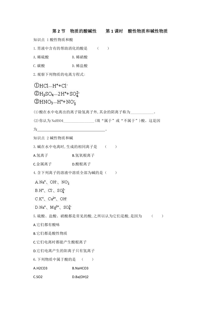 浙教版科学九年级上册同步课时练习：1.2 物质的酸碱性 第1课时（含答案）