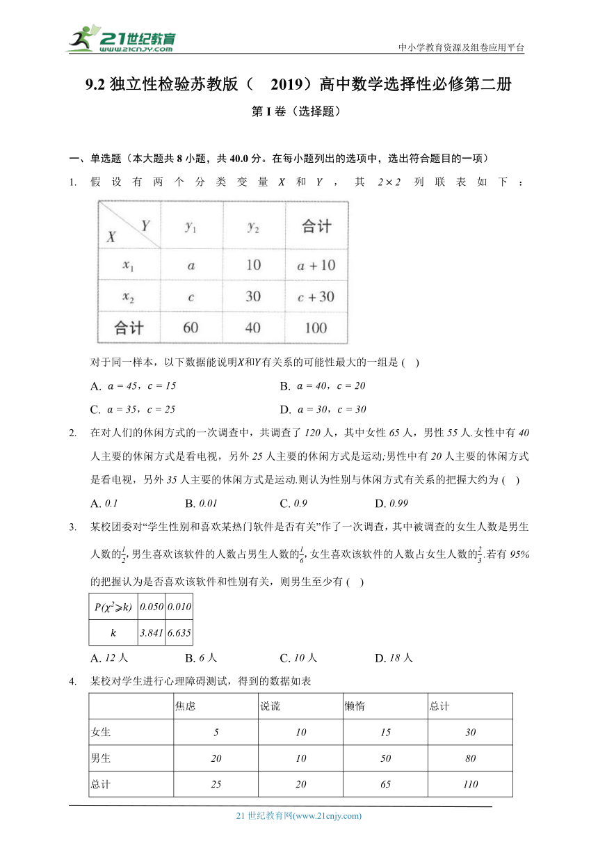9.2独立性检验  苏教版（2019）高中数学选择性必修第二册（含答案解析）