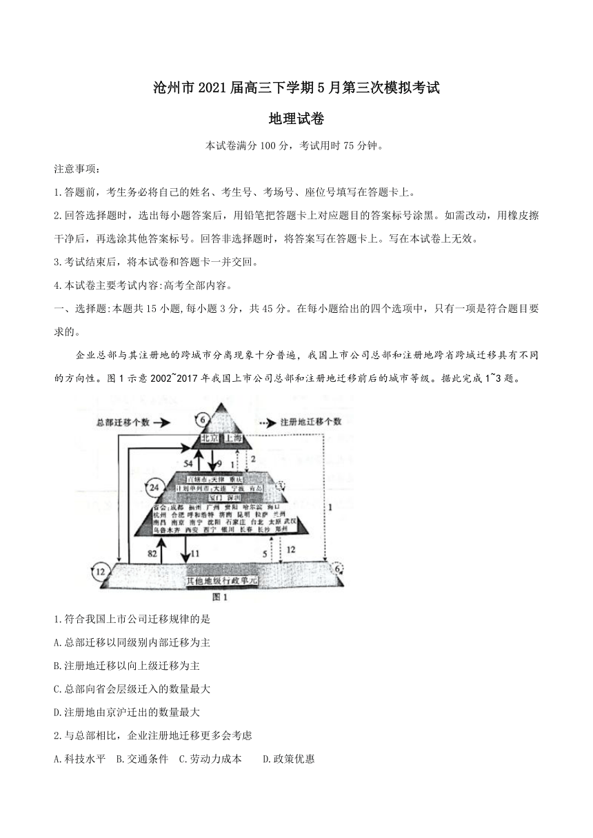 河北省沧州市2021届高三下学期5月第三次模拟考试地理试题 Word版含答案解析