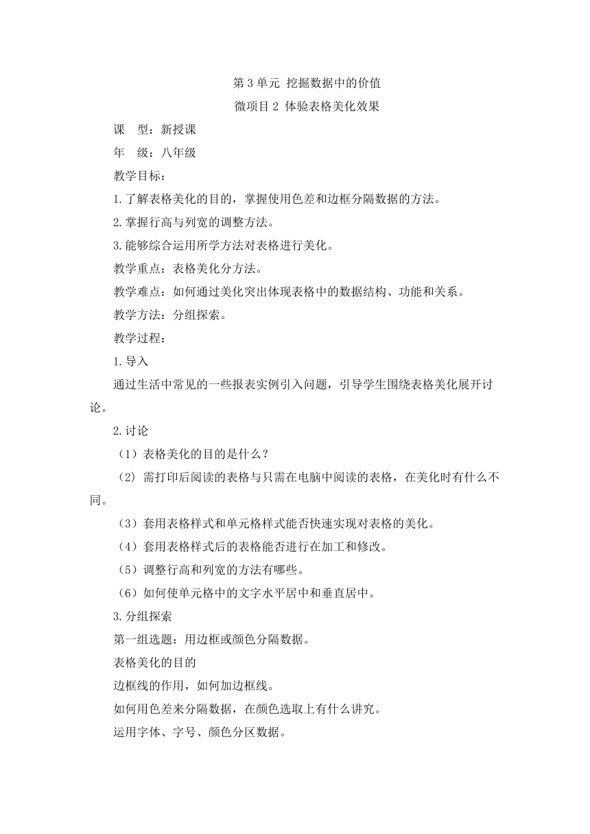 第三单元 微项目2 体验表格美化效果 教案