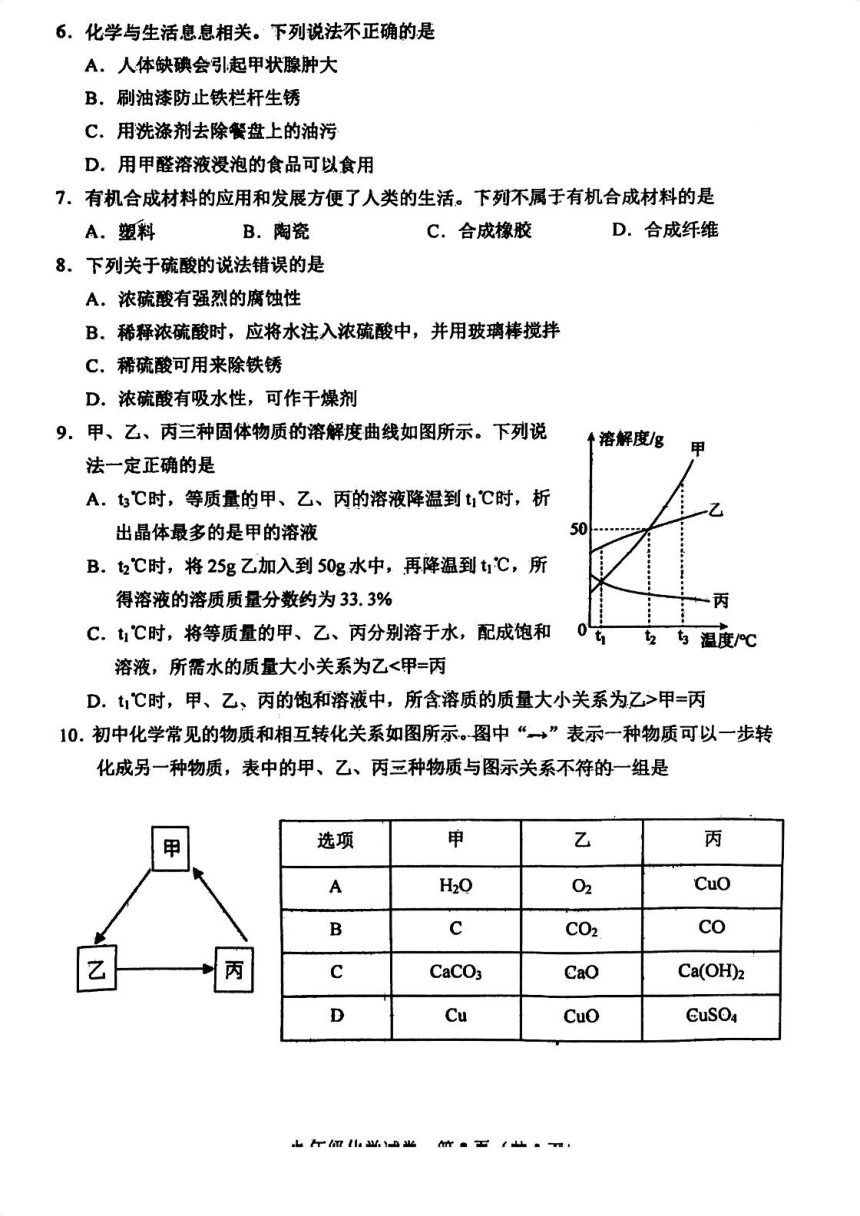 2024年天津市和平区九年级一模化学试卷(图片版 无答案)