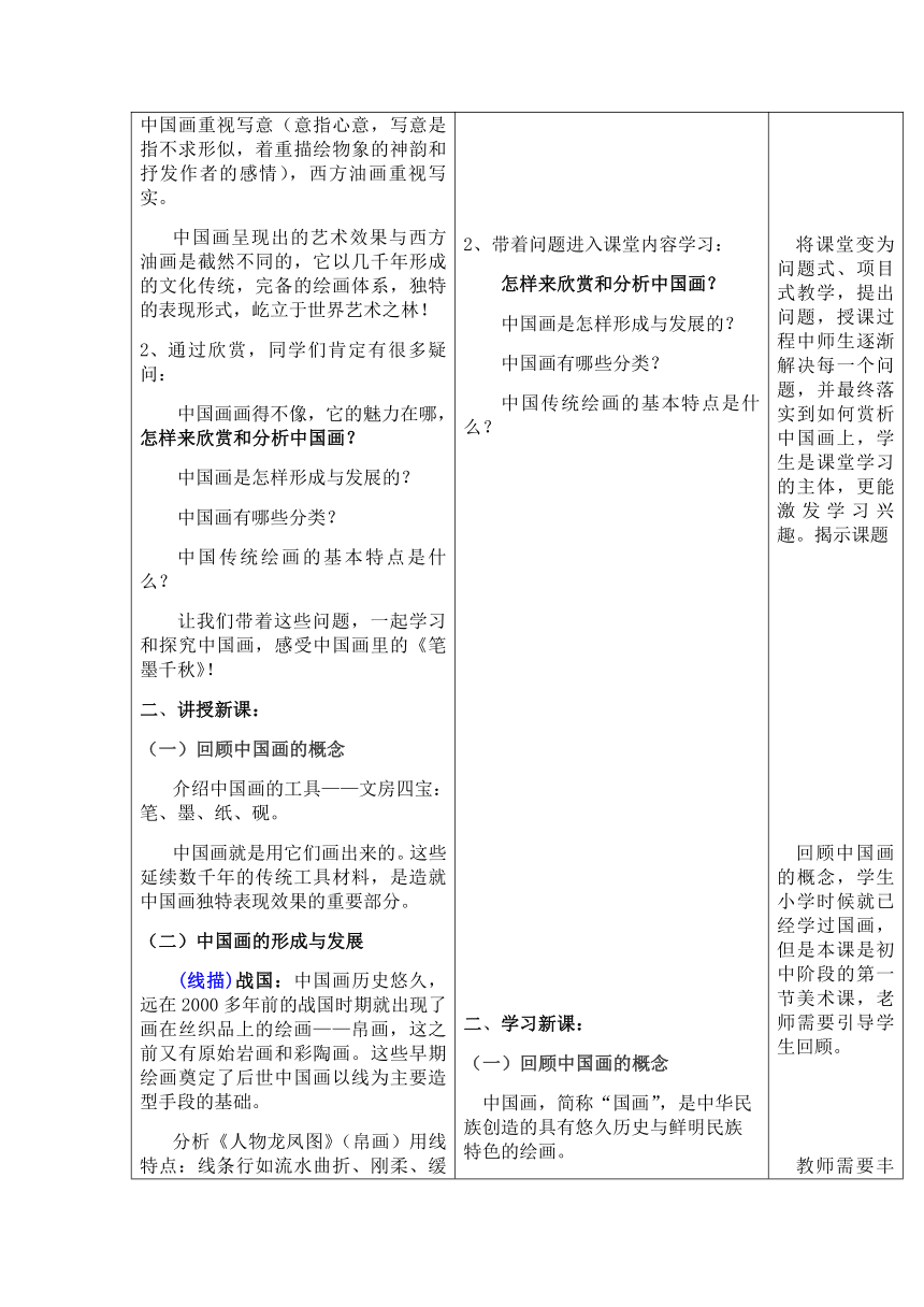 湘美版 八年级上册 美术 第1课 笔墨千秋 教案（表格式）