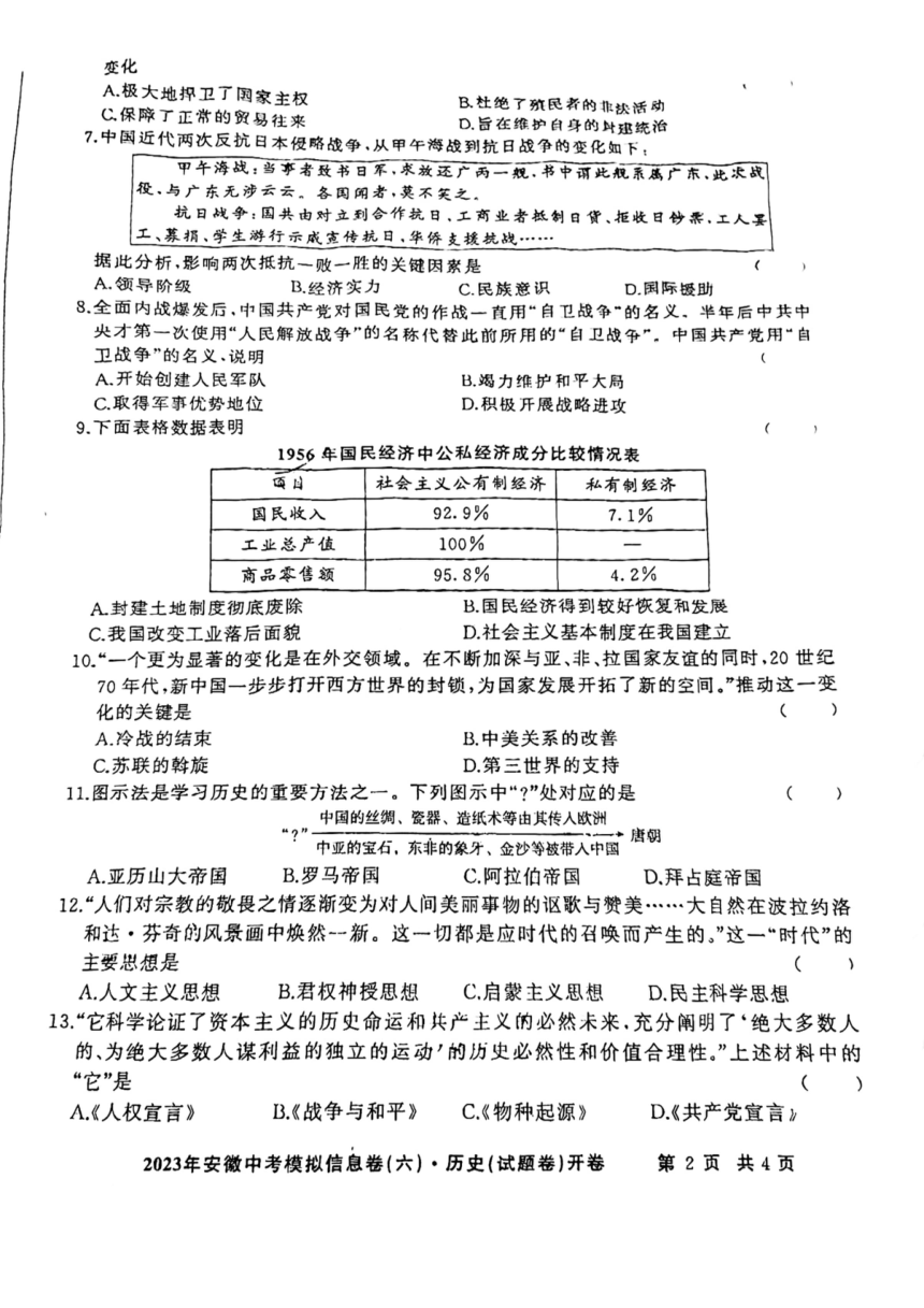2023年安徽省中考模拟信息卷六历史试卷（扫描版，无答案）