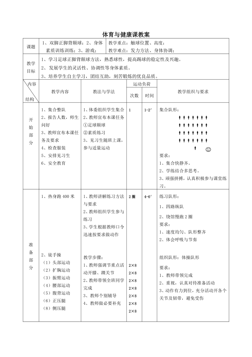 高一上学期体育与健康    双脚正脚背颠球 身体素质训练  教案 （表格式）