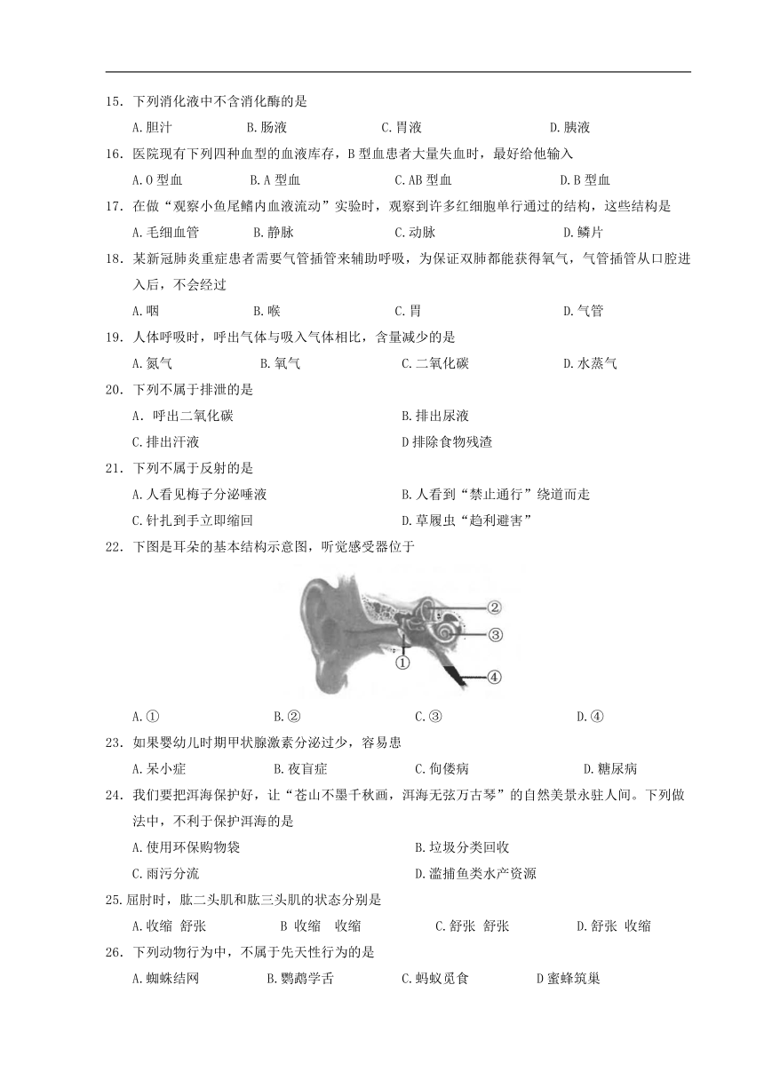 2022年云南省中考生物真题(word版含答案)