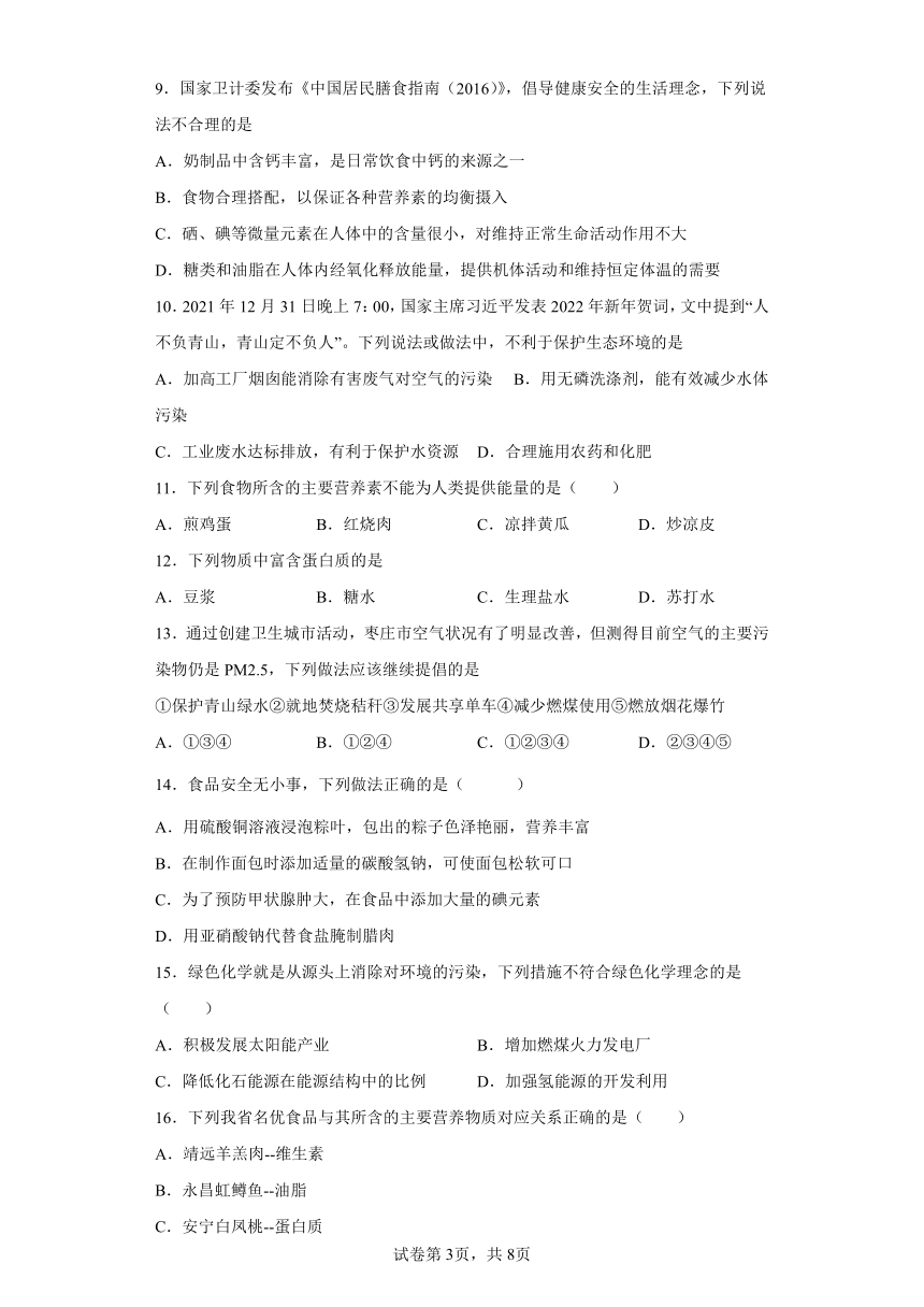 9.4化学物质与健康同步练习—2021-2022学年九年级化学科粤版下册（word版含答案）