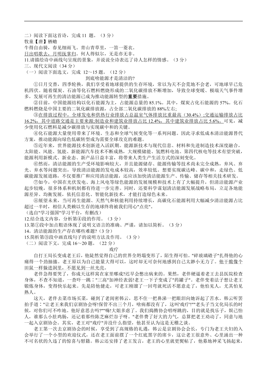 辽宁省大连市普兰店区2022年中考三模语文试卷（解析版）