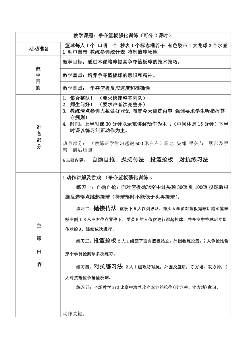 通用版少儿体育 篮球 3V3 争夺篮板强化训练 教案（表格式）