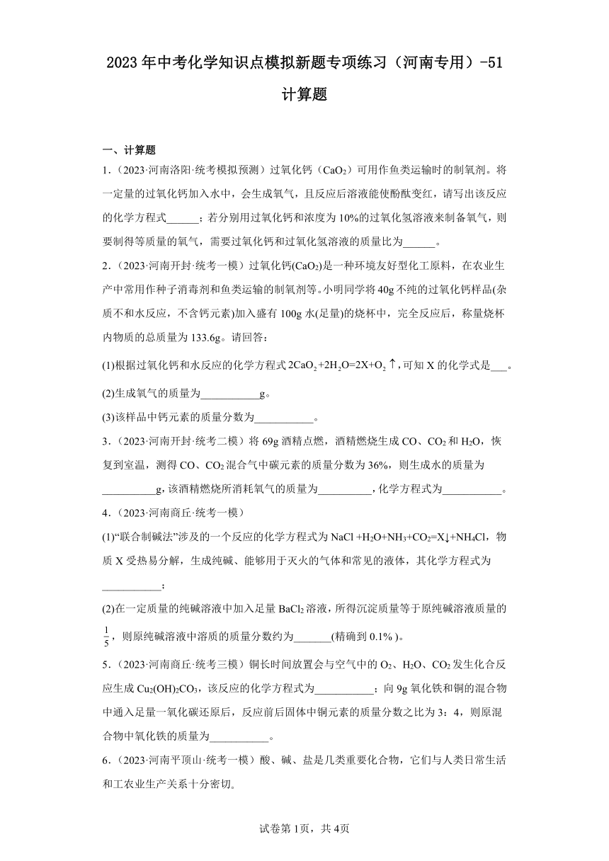 2023年中考化学知识点模拟新题专项练习（河南专用）-51计算题(含解析)