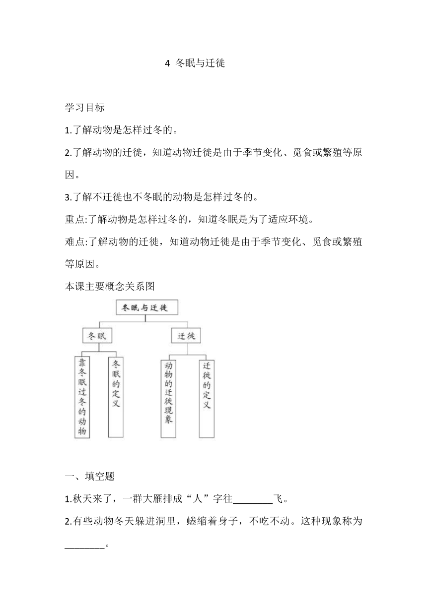 青岛版（六三制2017秋）三年级上册4 冬眠与迁徙 练习（含答案）