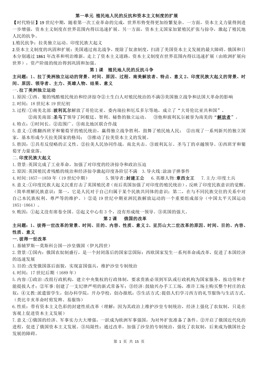 2020-2021学年部编版九年级历史下册1-4单元知识点